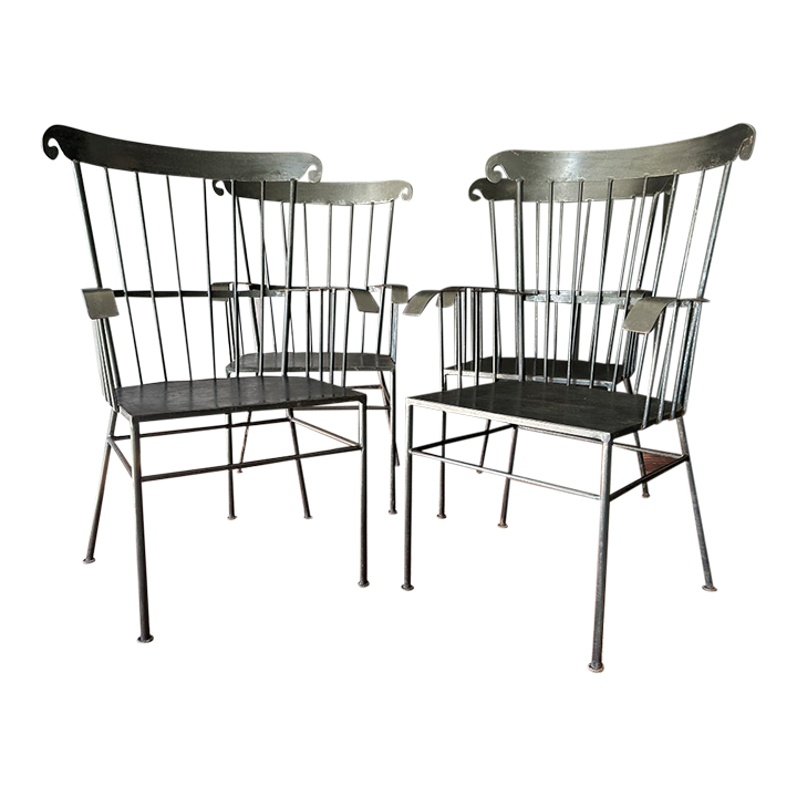 Set of 4 Black Painted Windsor Style Iron Armchairs