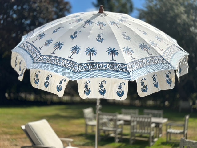 GARDEN UMBRELLAS IN BLUE AND WHITE DESIGNS, FROM INDIA