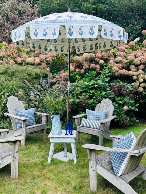 GARDEN UMBRELLAS IN BLUE AND WHITE DESIGNS, FROM INDIA