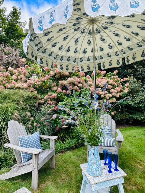 GARDEN UMBRELLAS IN BLUE AND WHITE DESIGNS, FROM INDIA