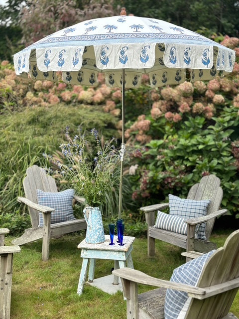 GARDEN UMBRELLAS IN BLUE AND WHITE DESIGNS, FROM INDIA