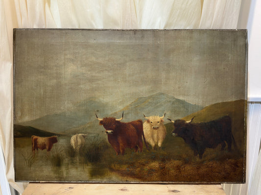 19th C Oil Painting on Canvas of Scottish Cattle on the Moors