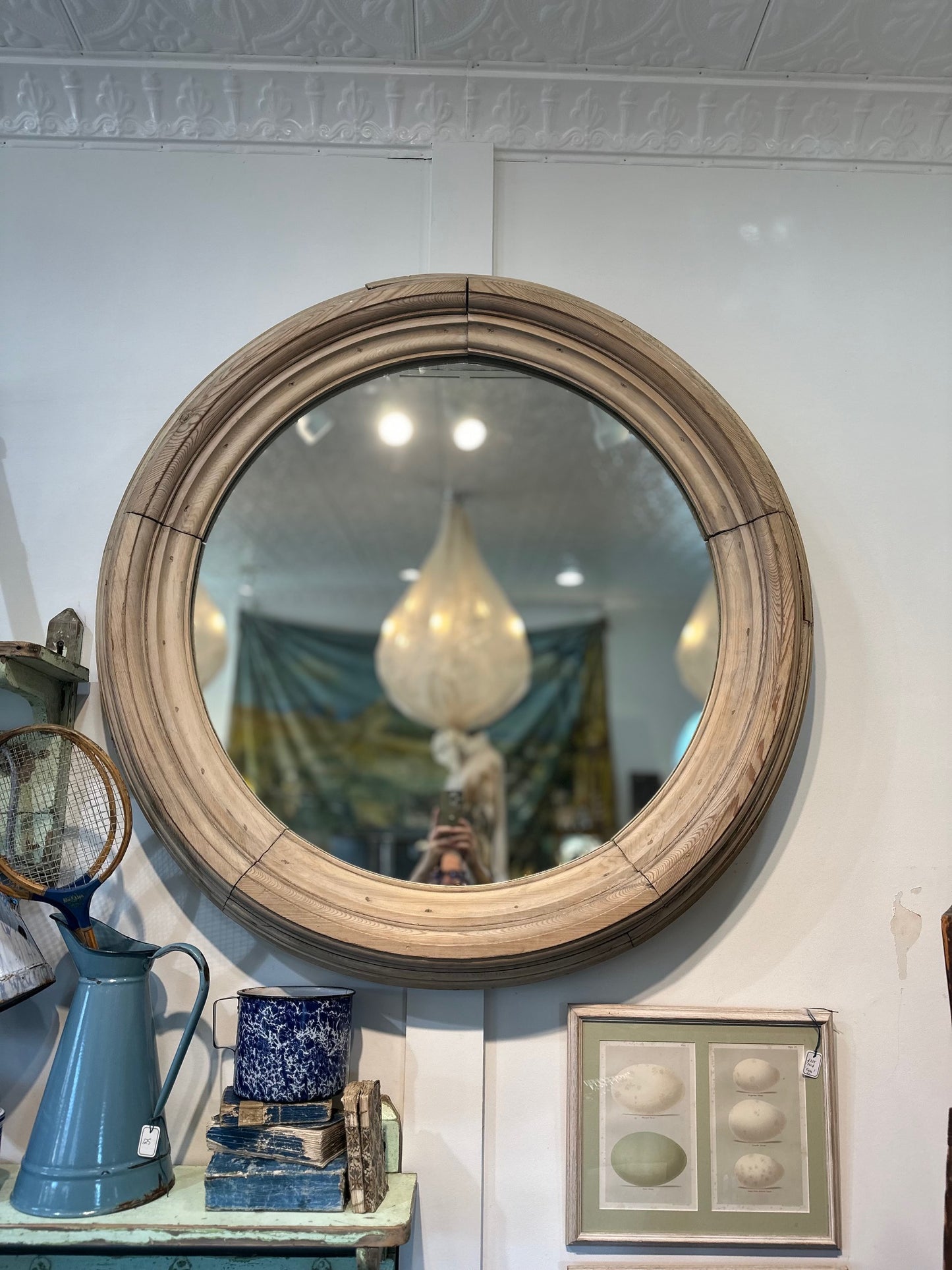 Large Round 19th C French Pine Molding Mirror