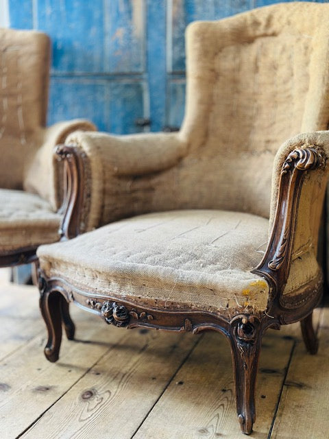 Pair French Bergère Armchairs in Louis XV Style