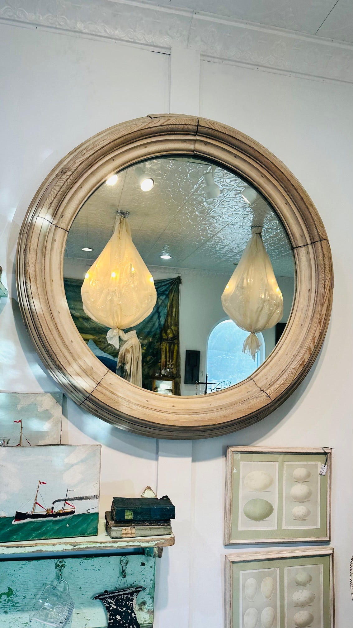 Large Round 19th C French Pine Molding Mirror