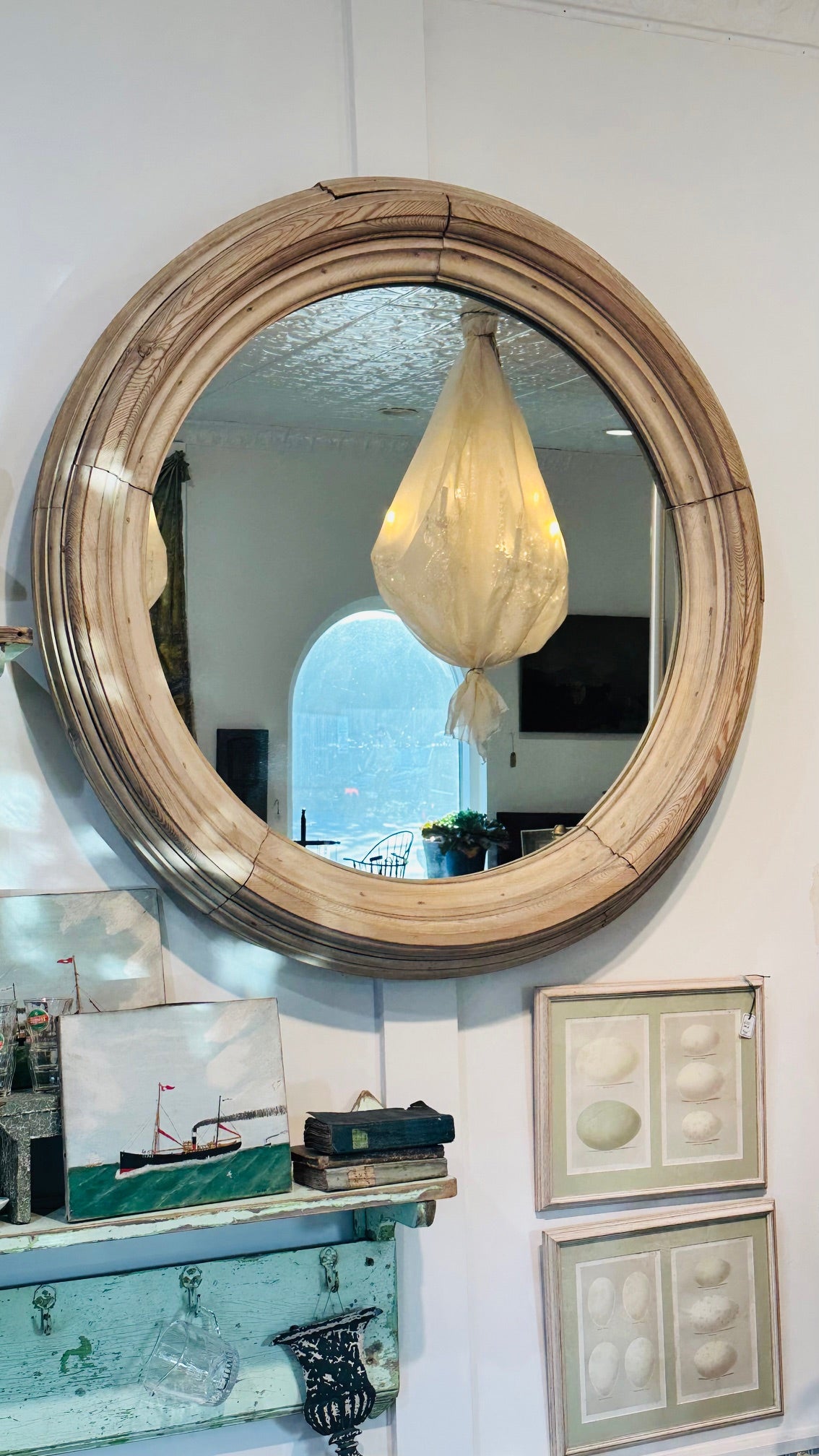 Large Round 19th C French Pine Molding Mirror