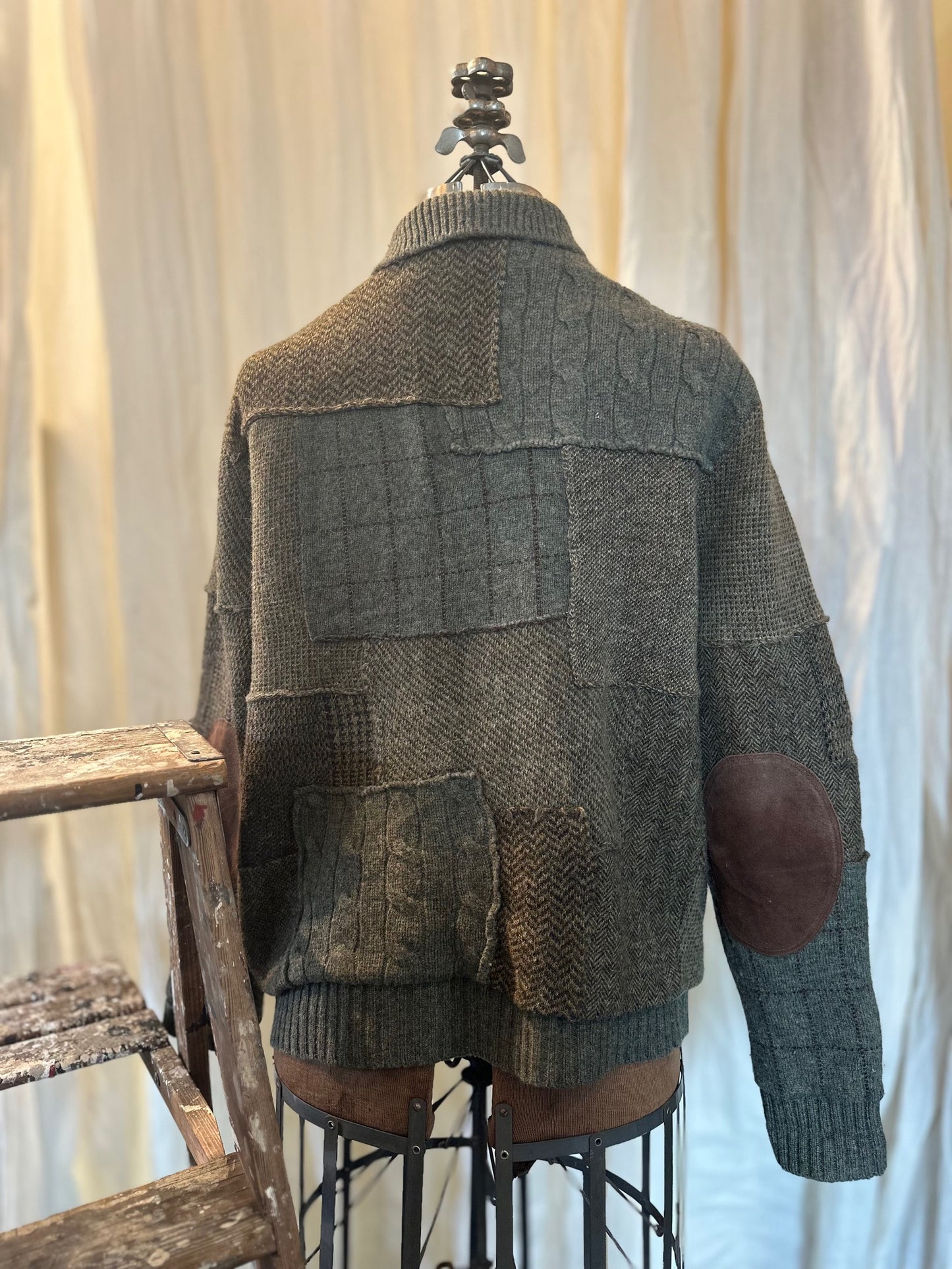 Ralph Lauren POLO Wool Cardigan, Patchwork, Army Green & Brown