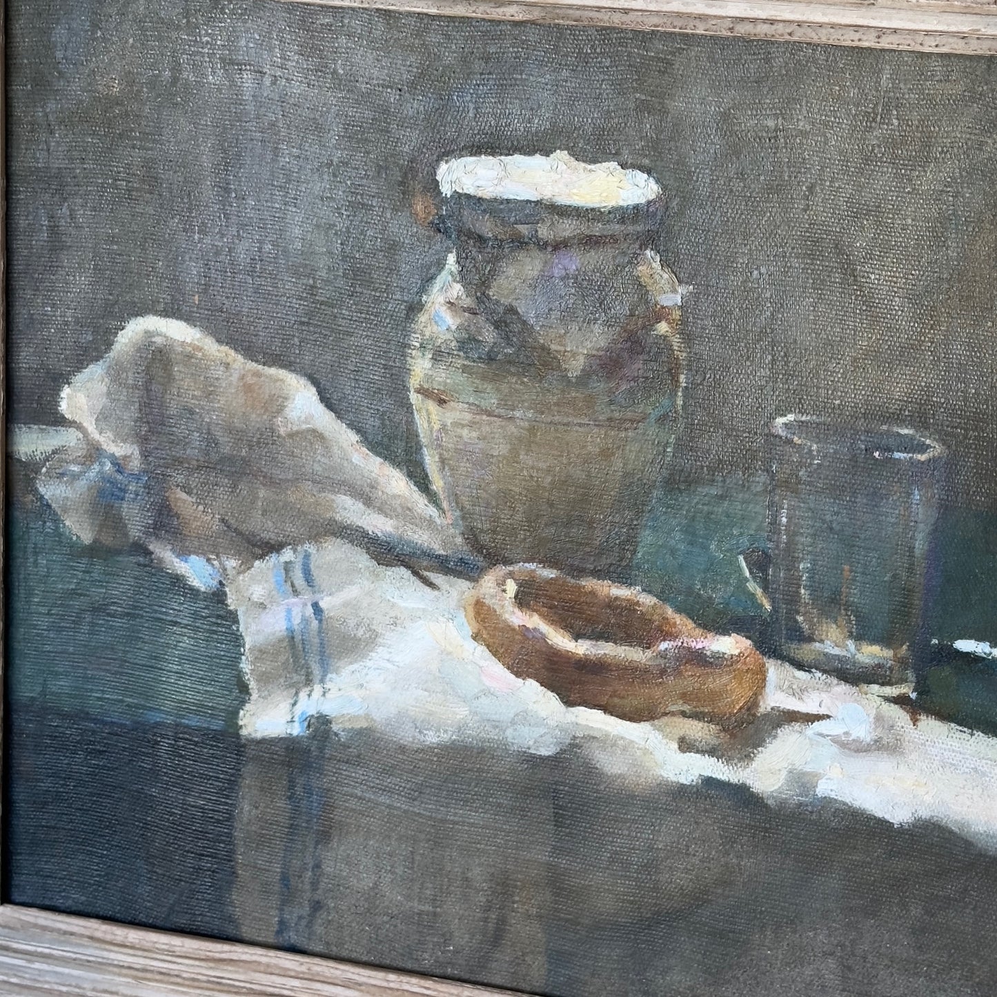 Still Life Painting of Milk & Bread. Oil on Canvas