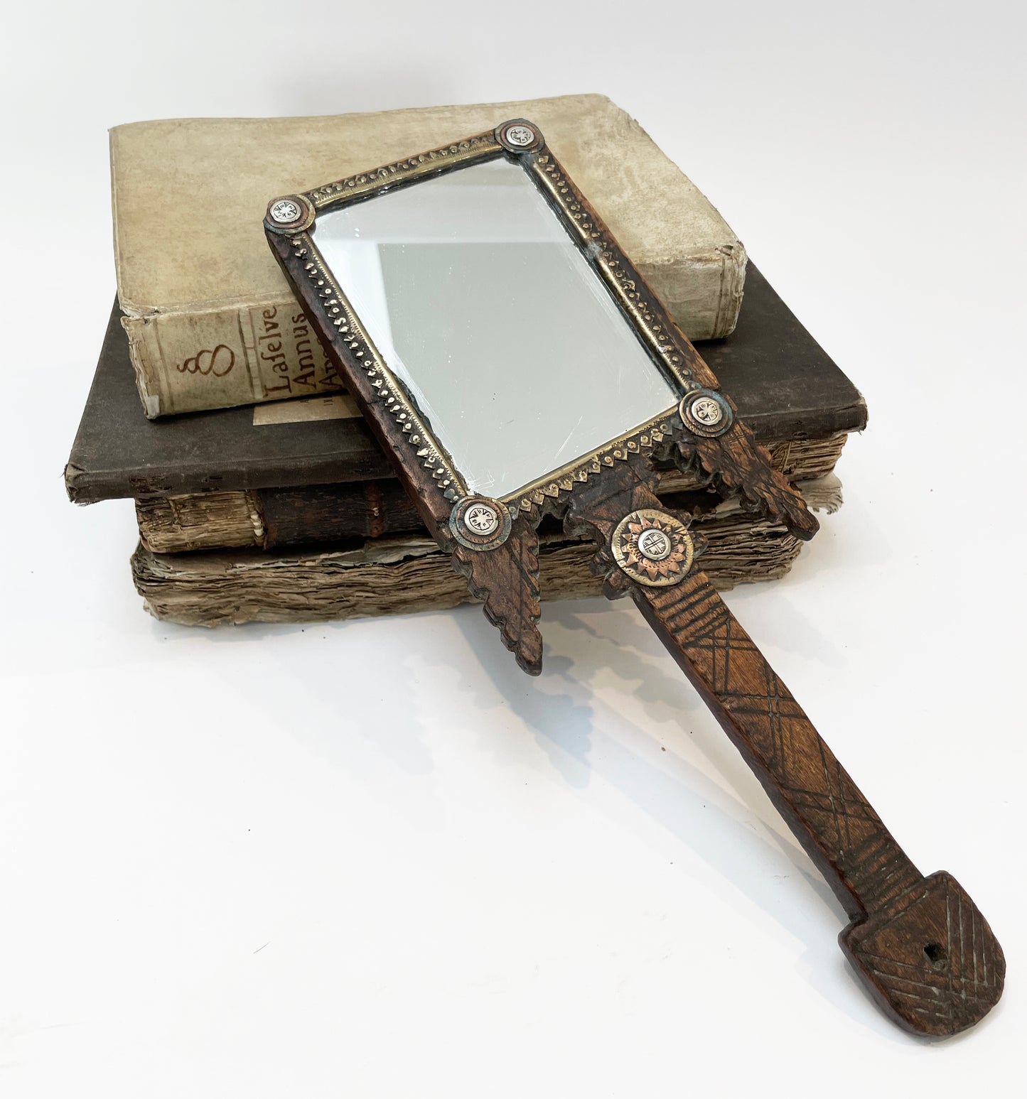 Bedouin Hand Mirror, c 1900, Hand carved and decorated