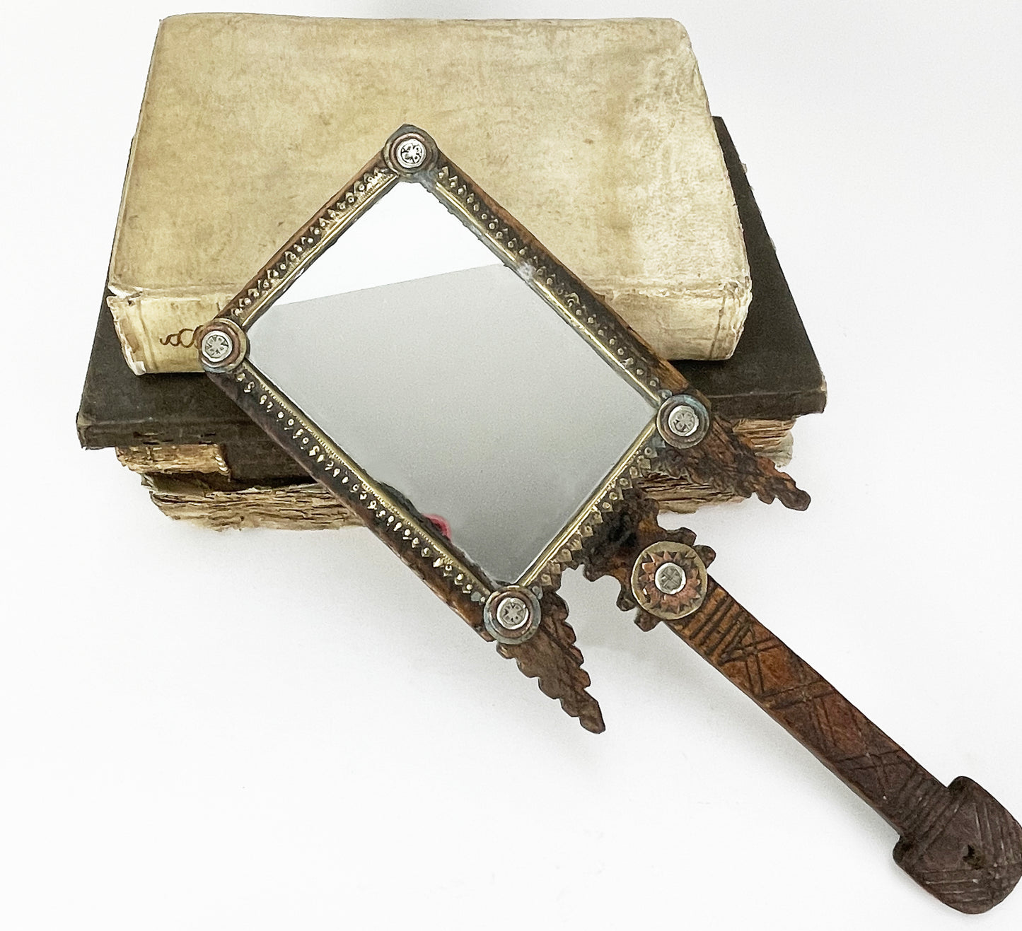 Bedouin Hand Mirror, c 1900, Hand carved and decorated