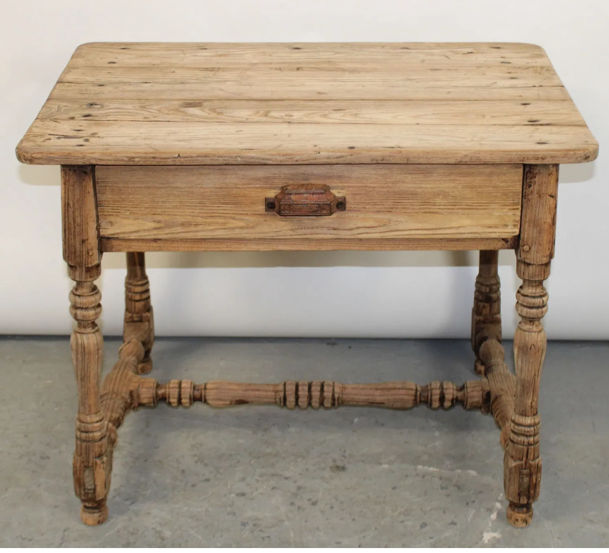 French 19th C Pine Side Table With Drawer, Rustic, Primitive Patina