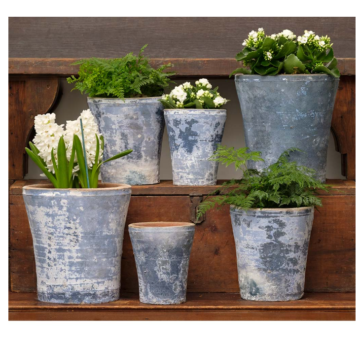 ITALIAN TERRACOTTA POTS IN 3 SIZES, DISTRESSED BLUE FINISH