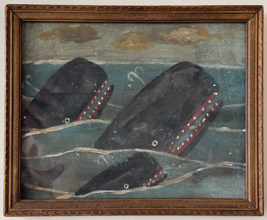 Folk Art Style Oil on Board of Whales