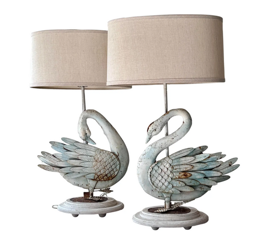 Pair Stunning Tole Swan Table Lamps with Oval Linen Shades