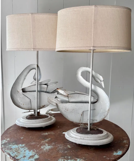 Pair Stunning Tole Swan Table Lamps with Oval Linen Shades