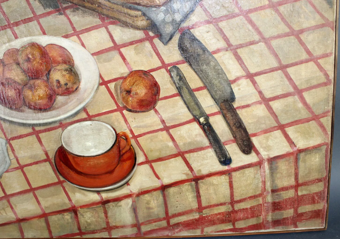 Large French Late 19th Century Still Life Painting, on Canvas, Red & White Check Cloth