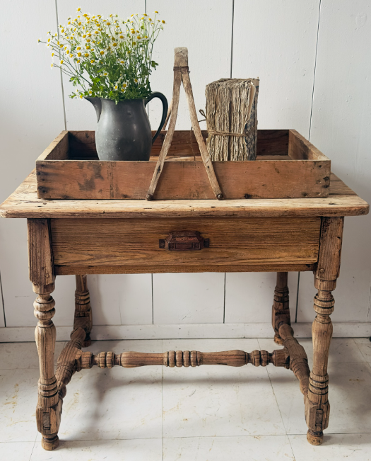 French 19th C Pine Side Table With Drawer, Rustic, Primitive Patina